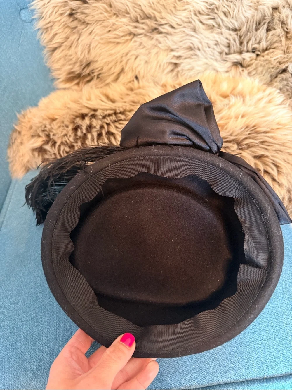 Vintage 1960’s Black Felt Hat with Large Feather and Bow